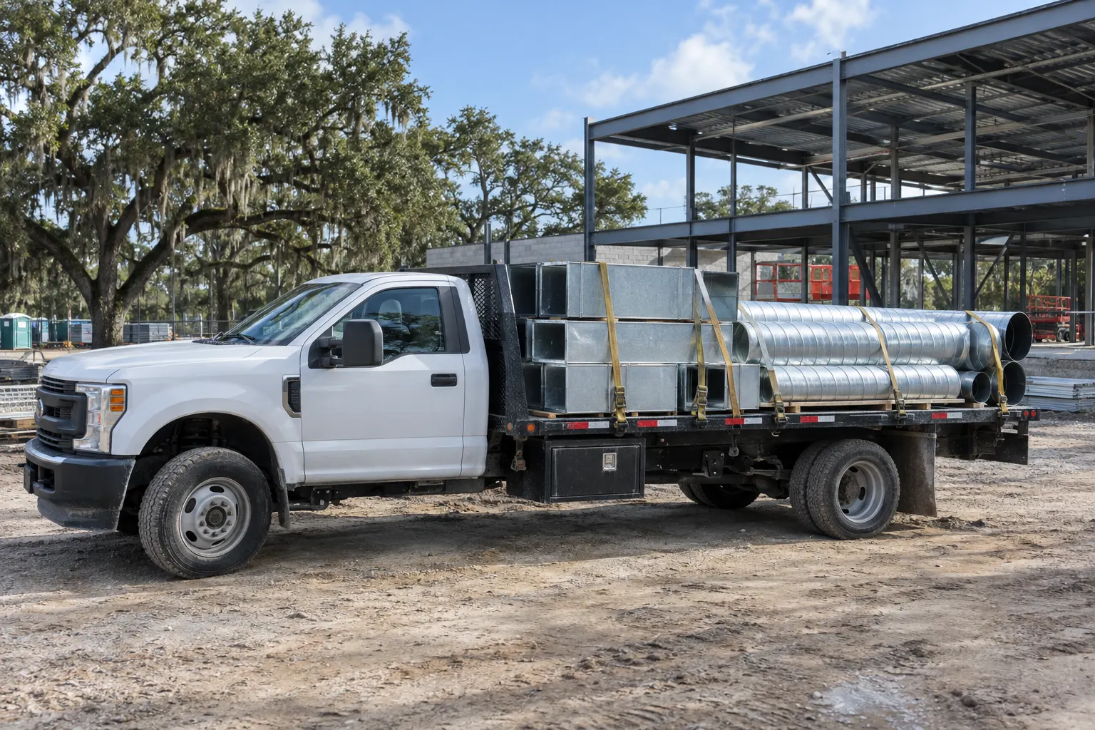 Flatbed truck loaded with rectangular duct and spiral pipe at a commercial construction site