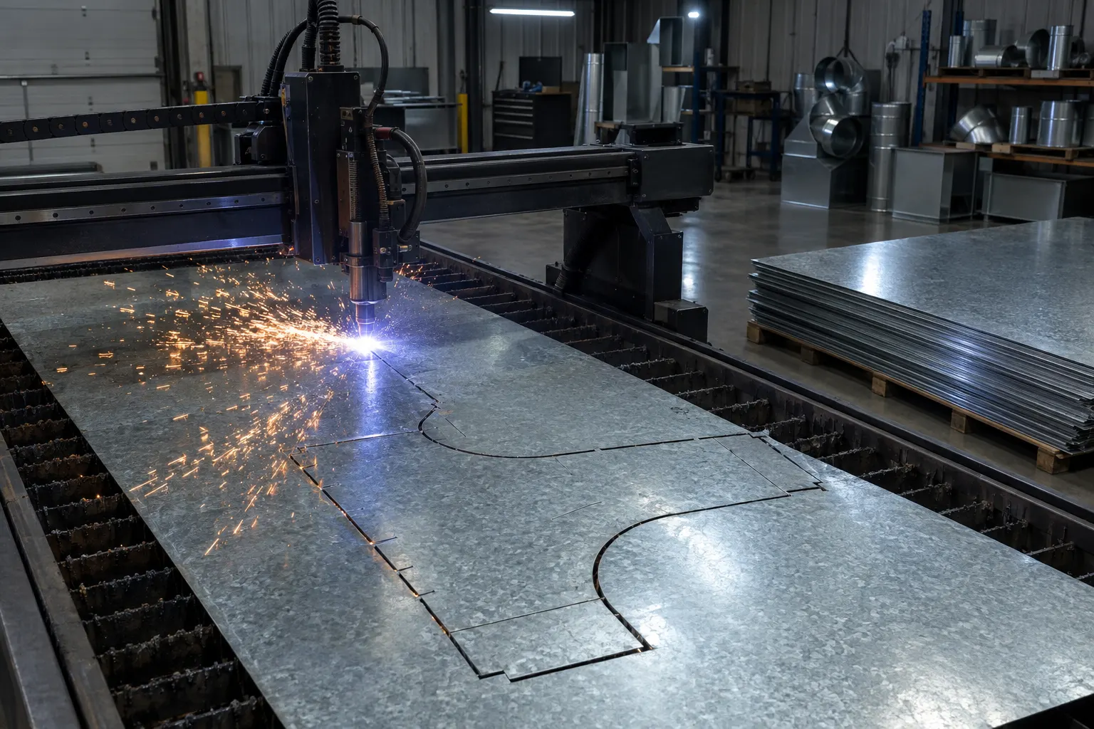 CNC plasma table cutting a duct fitting pattern from galvanized sheet